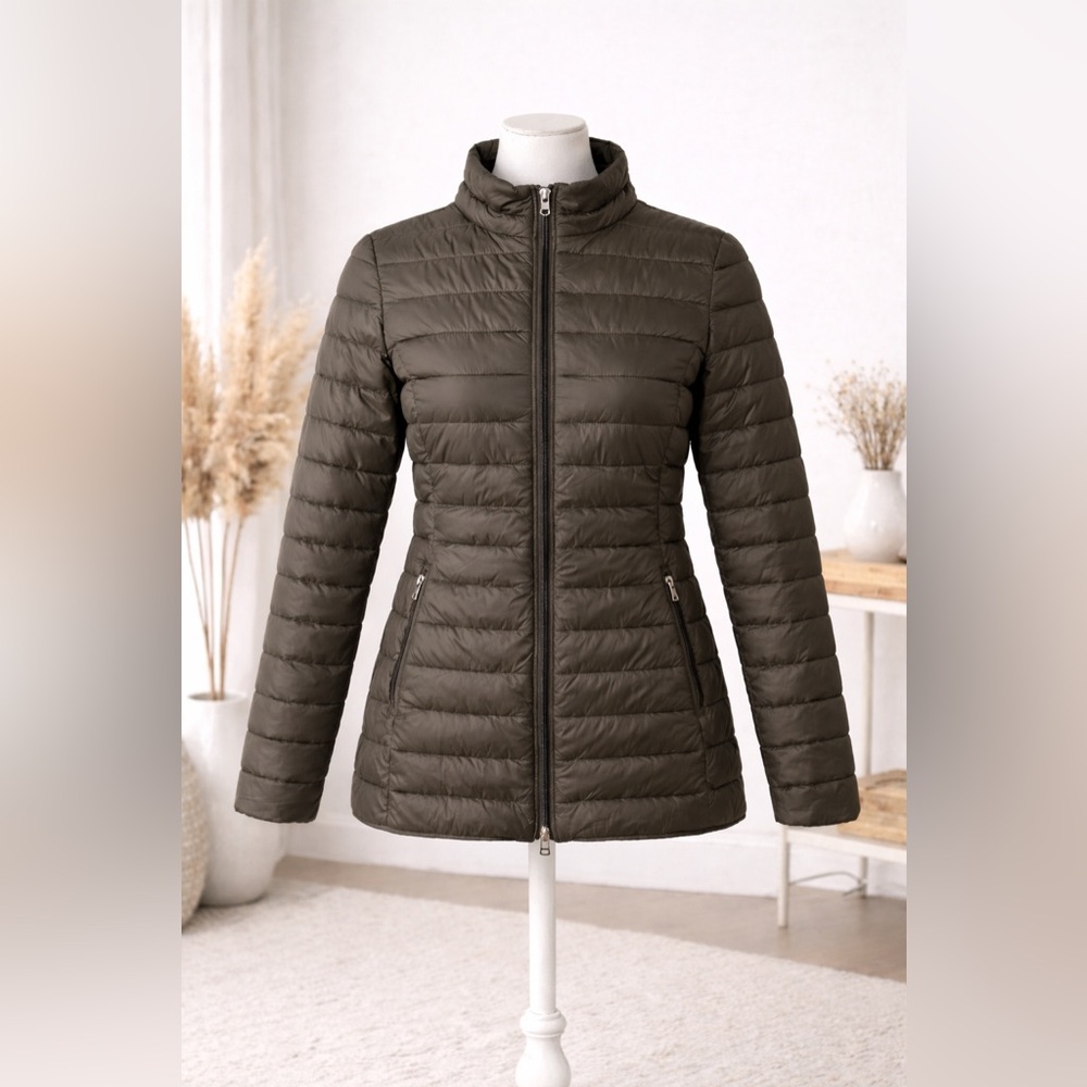 JOTT Lightweight Down Puffer Jacket Olive Green Packable Travel Coat Women’s S